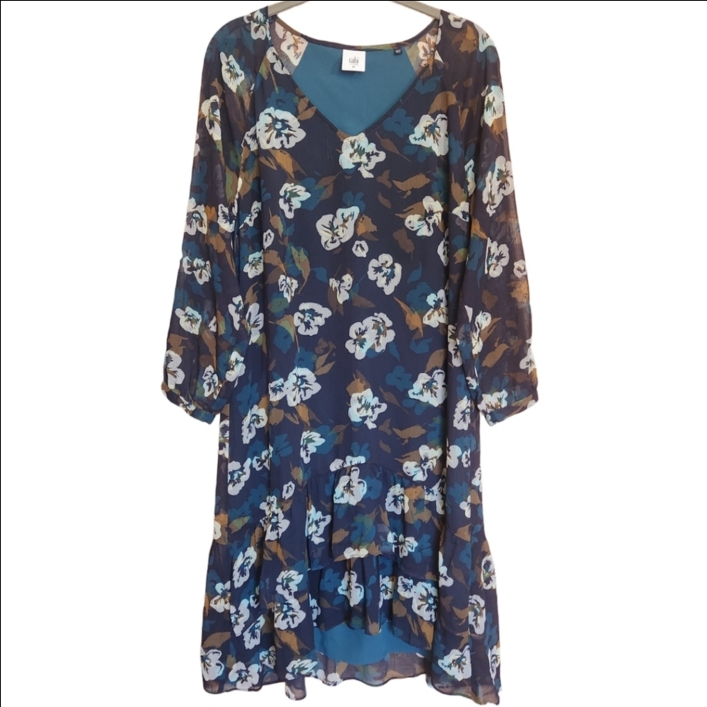 CAbi CHIFFON BLUE FLORAL PIROUETTE DRESS RUFFLE HI-LOW HEM SIZE MEDIUM LIKE NEW